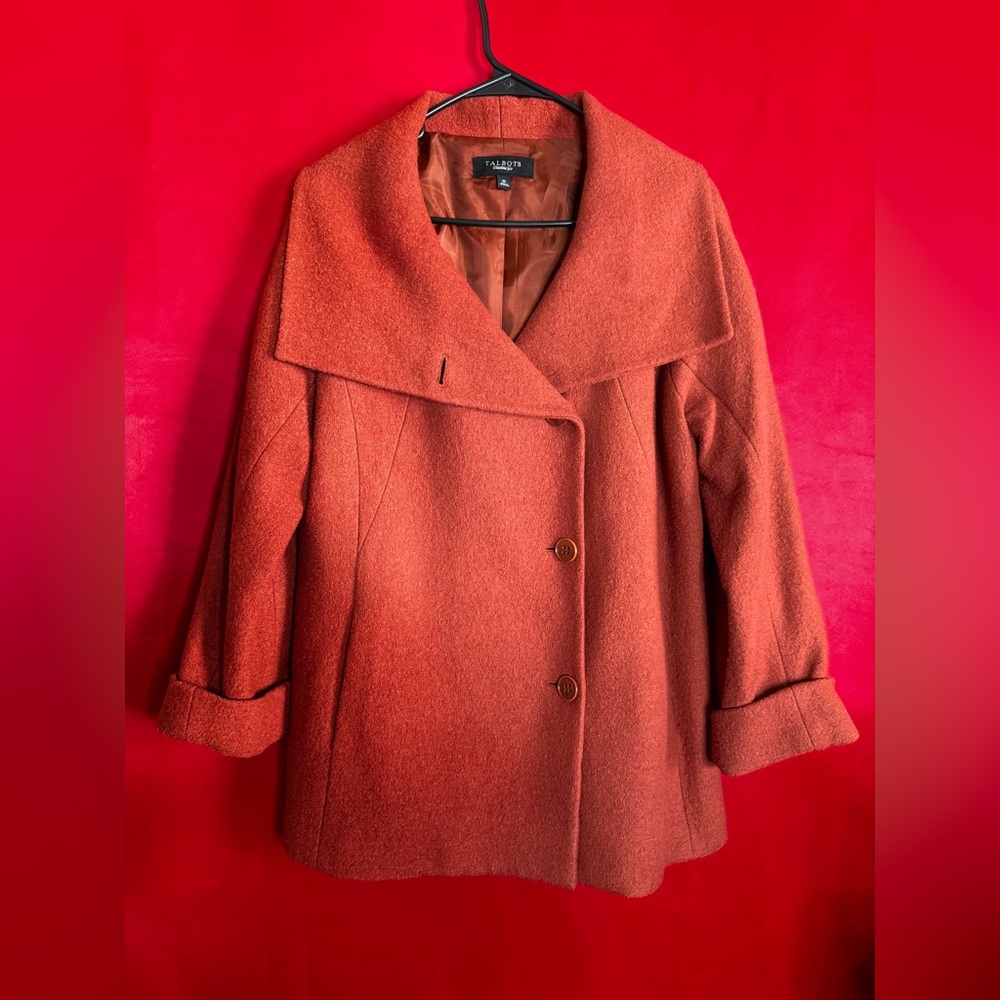 #386-Talbots Rust Orange Wool Blend Women's Pea Coat Size 10 in EUC!